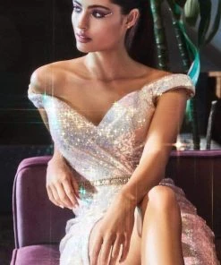 Cinderella Divine - CD158 Sequined Off-Shoulder Gown With Slit Formal Gowns 10 Cinderella Divine - CD158 Sequined Off-Shoulder Gown With Slit Formal Gowns