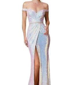 Cinderella Divine - CD158 Sequined Off-Shoulder Gown With Slit Formal Gowns 9 Cinderella Divine - CD158 Sequined Off-Shoulder Gown With Slit Formal Gowns