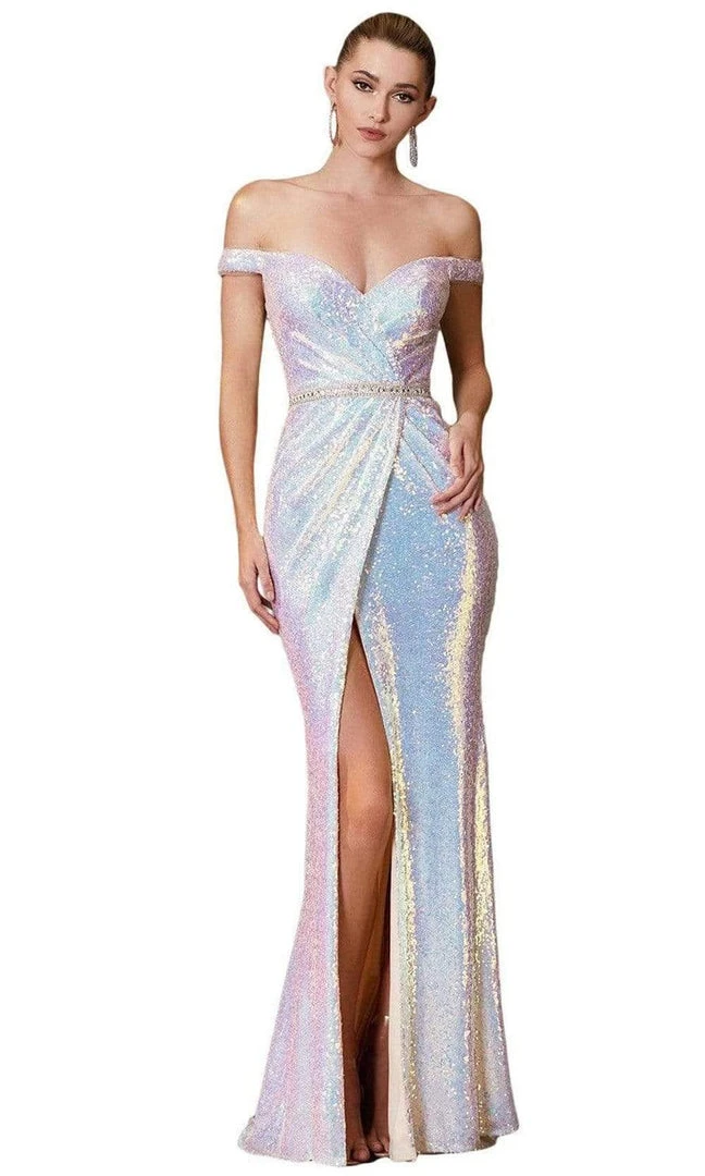 Cinderella Divine - CD158 Sequined Off-Shoulder Gown With Slit Formal Gowns 5 Cinderella Divine - CD158 Sequined Off-Shoulder Gown With Slit Formal Gowns