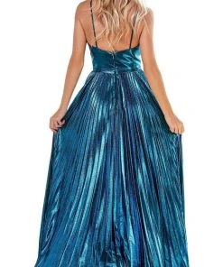 Cinderella Divine - CD161 Illusion Plunging Neck Metallic A-Line Dress