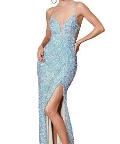 Cinderella Divine - CD175 Sequined Deep V-neck Sheath Dress Formal Gowns