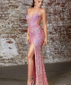 Cinderella Divine - CD175 Sequined Deep V-neck Sheath Dress Formal Gowns