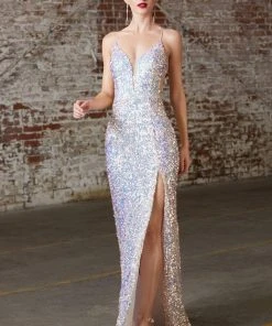 Cinderella Divine - CD175 Sequined Deep V-neck Sheath Dress Formal Gowns