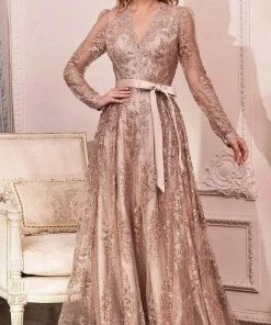 Cinderella Divine - CD233 Sheer Long Sleeve V-neck Evening Gown