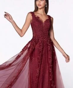 Cinderella Divine - CD4091 Plunging Illusion Side Lace A-Line Gown 16 Cinderella Divine - CD4091 Plunging Illusion Side Lace A-Line Gown