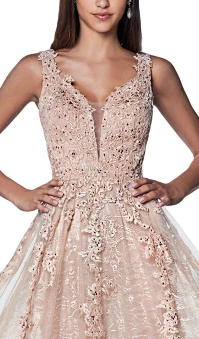 Cinderella Divine - CD4091 Plunging Illusion Side Lace A-Line Gown 5 Cinderella Divine - CD4091 Plunging Illusion Side Lace A-Line Gown