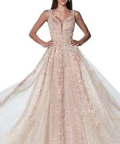 Cinderella Divine - CD4091 Plunging Illusion Side Lace A-Line Gown