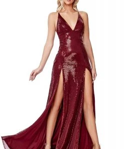 Cinderella Divine - CD915 Sequined Double Slit Long Gown