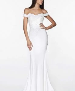 Cinderella Divine - CF158 Off Shoulder Stretch Crepe Satin Gown
