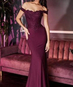 Cinderella Divine - CF158 Off Shoulder Stretch Crepe Satin Gown