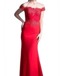 Cinderella Divine - CF158 Stretch Crepe Satin Off Shoulder Gown Formal Gowns