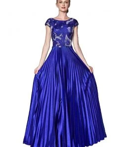 Cinderella Divine - CF337 Lace Bateau Pleated A-line Dress Formal Gowns
