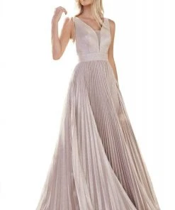 Formal Gowns Cinderella Divine - CH211 Plunging V-Neck Pleated Glitter Dress 8 Formal Gowns Cinderella Divine - CH211 Plunging V-Neck Pleated Glitter Dress