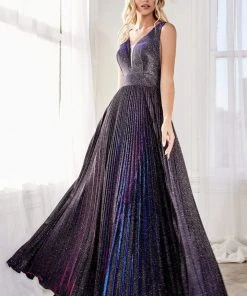 Formal Gowns Cinderella Divine - CH211 Plunging V-Neck Pleated Glitter Dress 9 Formal Gowns Cinderella Divine - CH211 Plunging V-Neck Pleated Glitter Dress