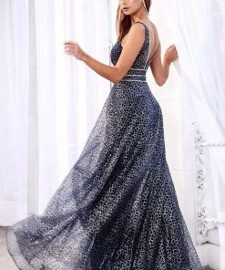 Formal Gowns Cinderella Divine - CJ256 V-Neck Glitter Print A-Line Prom Gown 24 Formal Gowns Cinderella Divine - CJ256 V-Neck Glitter Print A-Line Prom Gown