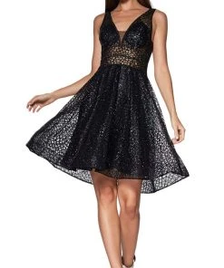Cinderella Divine - CJ256-S V-Neck Metallic Glitter Cocktail Dress Cocktail Dresses