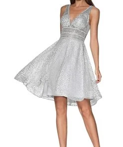 Cinderella Divine - CJ256-S V-Neck Metallic Glitter Cocktail Dress Cocktail Dresses