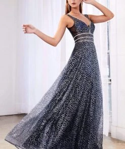 Formal Gowns Cinderella Divine - CJ256 V-Neck Glitter Print A-Line Prom Gown 22 Formal Gowns Cinderella Divine - CJ256 V-Neck Glitter Print A-Line Prom Gown