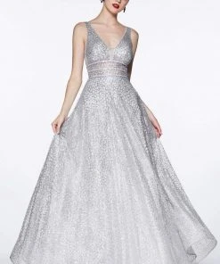 Formal Gowns Cinderella Divine - CJ256 V-Neck Glitter Print A-Line Prom Gown 25 Formal Gowns Cinderella Divine - CJ256 V-Neck Glitter Print A-Line Prom Gown