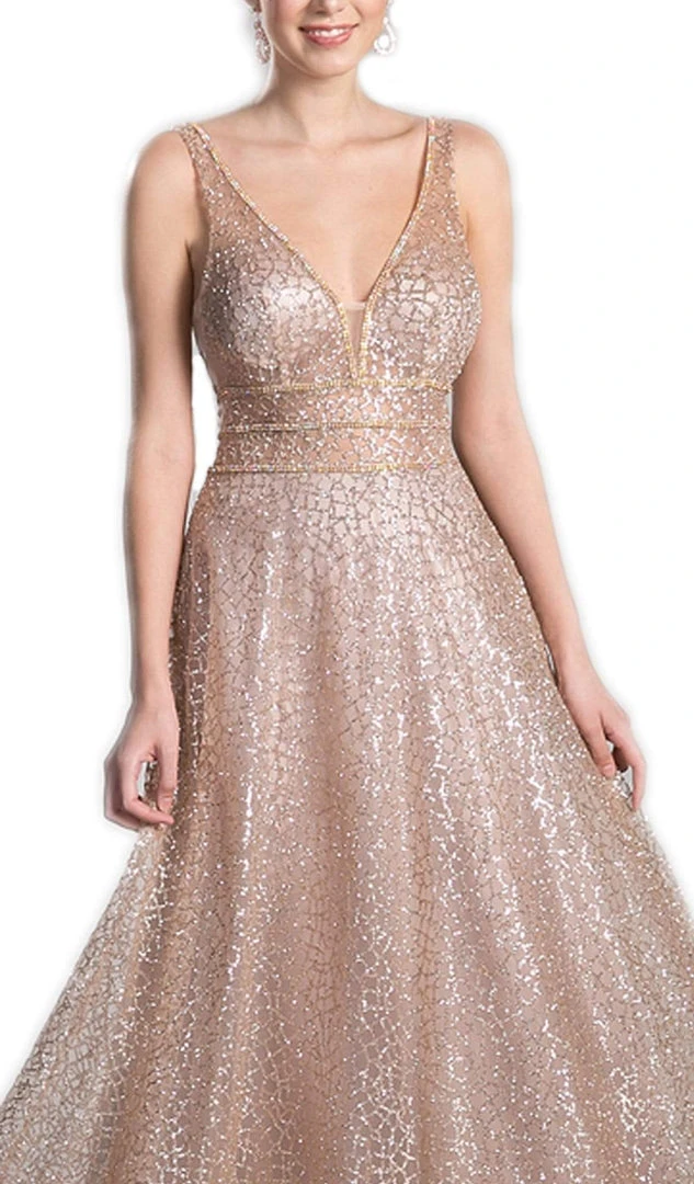 Formal Gowns Cinderella Divine - CJ256 V-Neck Glitter Print A-Line Prom Gown 5 Formal Gowns Cinderella Divine - CJ256 V-Neck Glitter Print A-Line Prom Gown