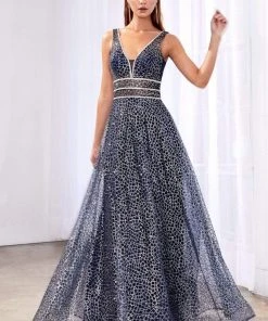 Formal Gowns Cinderella Divine - CJ256 V-Neck Glitter Print A-Line Prom Gown 23 Formal Gowns Cinderella Divine - CJ256 V-Neck Glitter Print A-Line Prom Gown