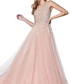 Cinderella Divine - CJ501 Jeweled Lace A-line Gown Formal Gowns