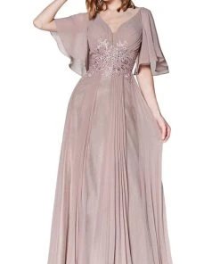 Formal Gowns Cinderella Divine - CJ514 Flutter Sleeves Chiffon Long Gown