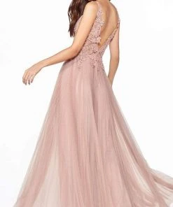 Cinderella Divine - CJ536 Lace Appliqued A-Line Evening Dress Formal Gowns