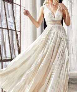 Cinderella Divine - CJ537 Deep V-neck Beaded A-line Gown Formal Gowns