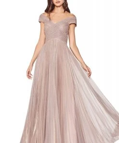 Cinderella Divine - CJ539 V-neck Pleated Metallic A-line Dress Formal Gowns