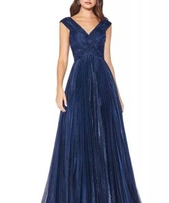 Cinderella Divine - CJ539 V-neck Pleated Metallic A-line Dress Formal Gowns