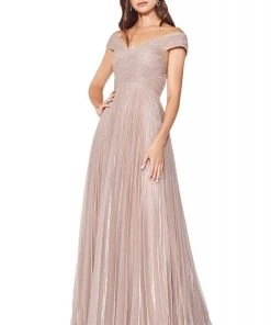 Cinderella Divine - CJ539 V-neck Pleated Metallic A-line Dress Formal Gowns