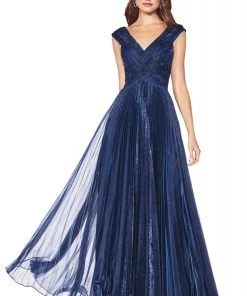 Cinderella Divine - CJ539 V-neck Pleated Metallic A-line Dress Formal Gowns