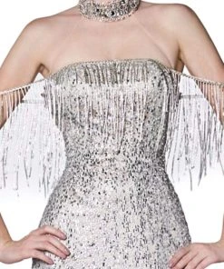 Cinderella Divine - CK809 Jewel Fringed Illusion Halter Long Gown Formal Gowns 8 Cinderella Divine - CK809 Jewel Fringed Illusion Halter Long Gown Formal Gowns