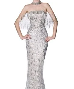 Cinderella Divine - CK809 Jewel Fringed Illusion Halter Long Gown Formal Gowns