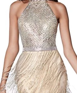 Cinderella Divine - CK820 Geo-Beaded High Halter Fringed Gown Formal Gowns
