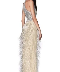 Cinderella Divine - CK820 Geo-Beaded High Halter Fringed Gown Formal Gowns