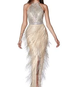 Cinderella Divine - CK820 Geo-Beaded High Halter Fringed Gown Formal Gowns
