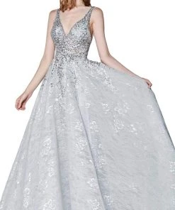 Cinderella Divine - CK831 Plunging Embroidered Floral Lace Gown Formal Gowns