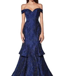 Cinderella Divine - CK849 Off Shoulder Tiered Brocade Trumpet Gown Formal Gowns