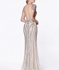 Cinderella Divine - CK865 Illusion Short Sleeve Art Deco Lace Gown 5 Cinderella Divine - CK865 Illusion Short Sleeve Art Deco Lace Gown