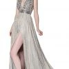 Formal Gowns Cinderella Divine - CK892 Plunging Geo-Beaded Bodice High Slit Gown