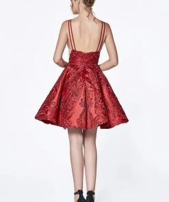 Cinderella Divine - CM302 Embroidered Plunging Sweetheart A-Line Dress