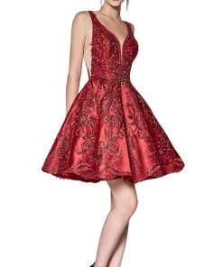 Cinderella Divine - CM302 Embroidered Plunging Sweetheart A-Line Dress