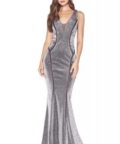 Cinderella Divine - CM9014 Deep V-neck Glitter Trumpet Dress Formal Gowns