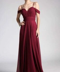 Formal Gowns Cinderella Divine - Cold Shoulders Ruched Bodice A-Line Gown CJ241 - 1 Pc Burgundy In Size 6 Available