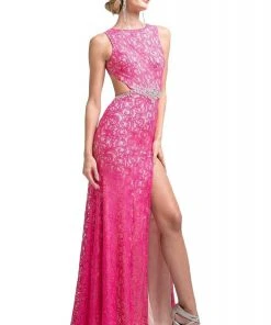 Cinderella Divine - CP807 Lace Jewel Neck Sheath Dress Formal Gowns