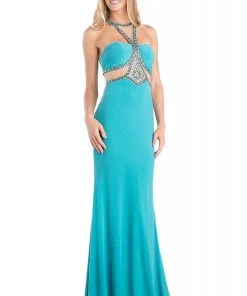 Formal Gowns Cinderella Divine - CP812 Jeweled Sheer Midriff Sheath Gown