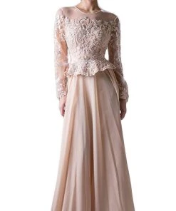 Formal Gowns Cinderella Divine - CR772 Long Sleeve Embellished Peplum A-line Evening Gown