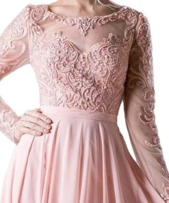 Cinderella Divine - CR780 Long Sleeve Beaded Embroidered Chiffon Dress Formal Gowns